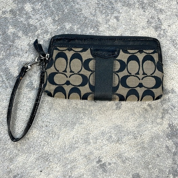 Coach Signature Stripe Double Zip Wristlet Pouch Wallet Black Gray - Picture 3 of 16